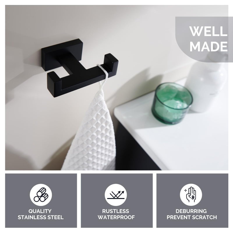 Angle Simple Double Towel Hook Matte Black, Stainless Steel Bathroom Towel Holder, Coat Robe Hook Wall Mount - Image 3